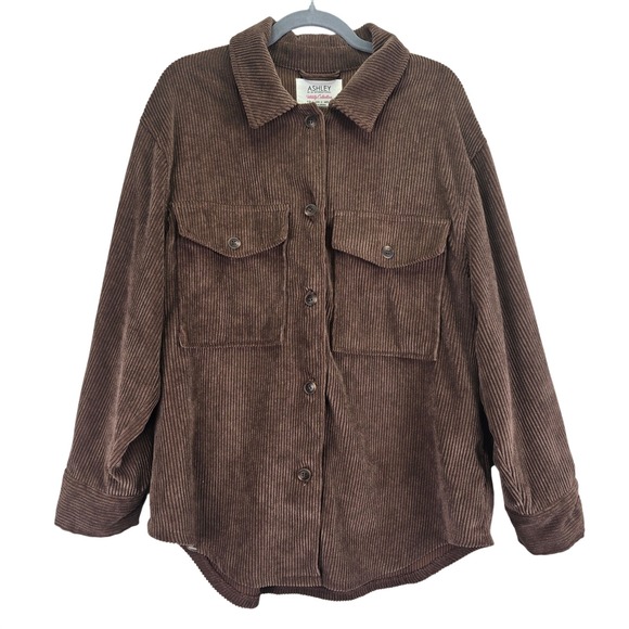 Ashley Outerwear Tops - Ashley by 26 International Womens Corduroy Utility Brown Shirt Large Western‎